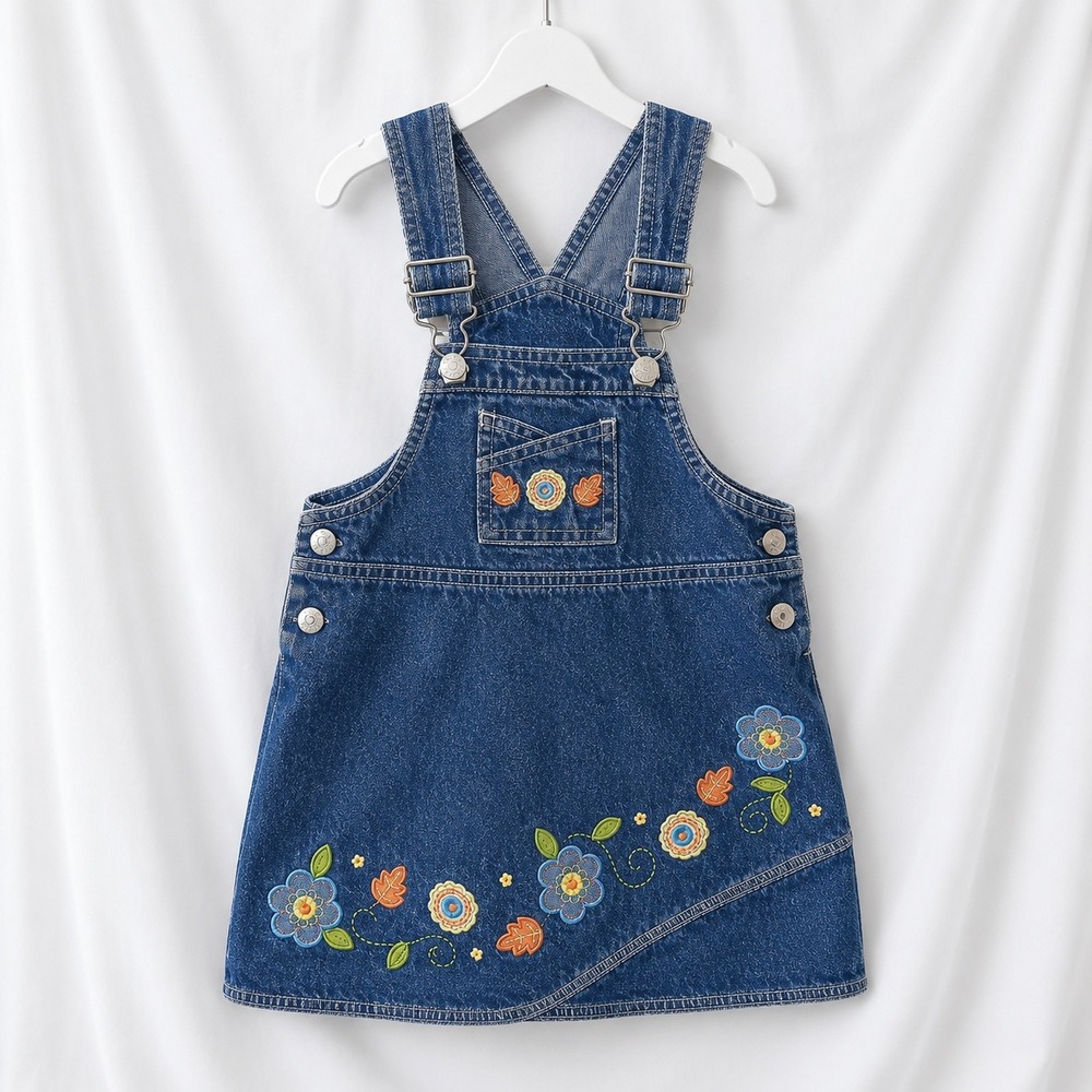 Y2K Young Hearts Girls 3T Denim Jumper Dress Floral Embroidered Fall Vintage